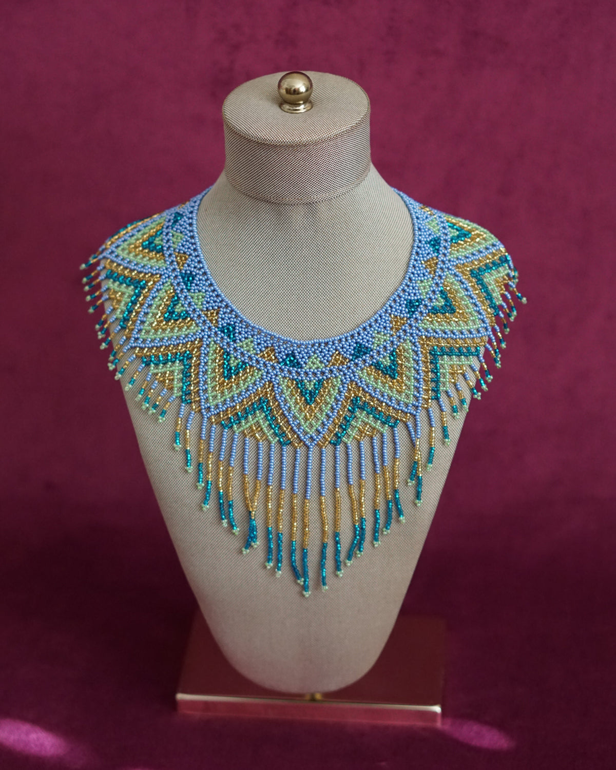 Mexican beaded collar necklace in periwinkle, teal and gold by Lillian & Joan
