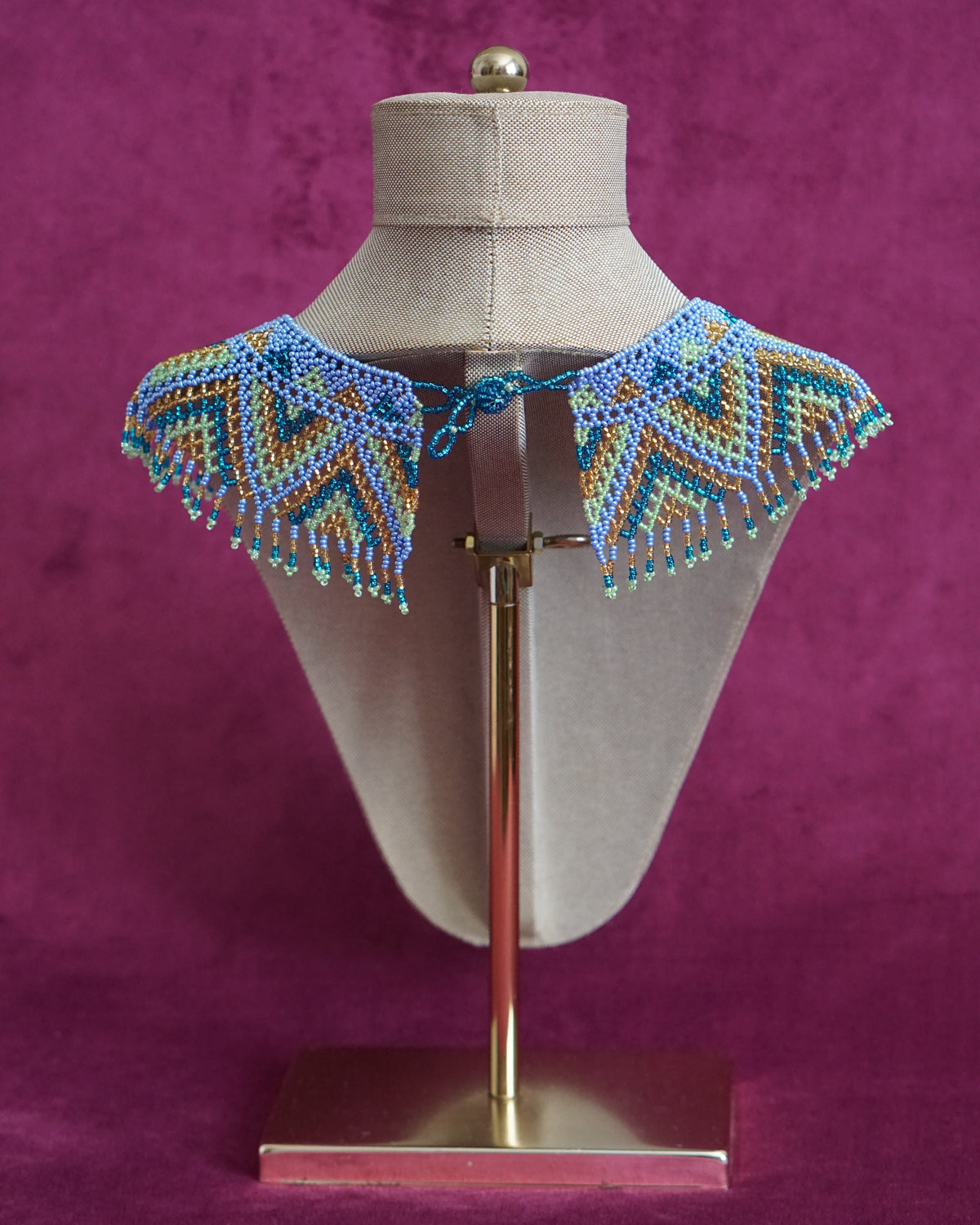 Mexican beaded collar necklace in periwinkle, teal and gold by Lillian & Joan