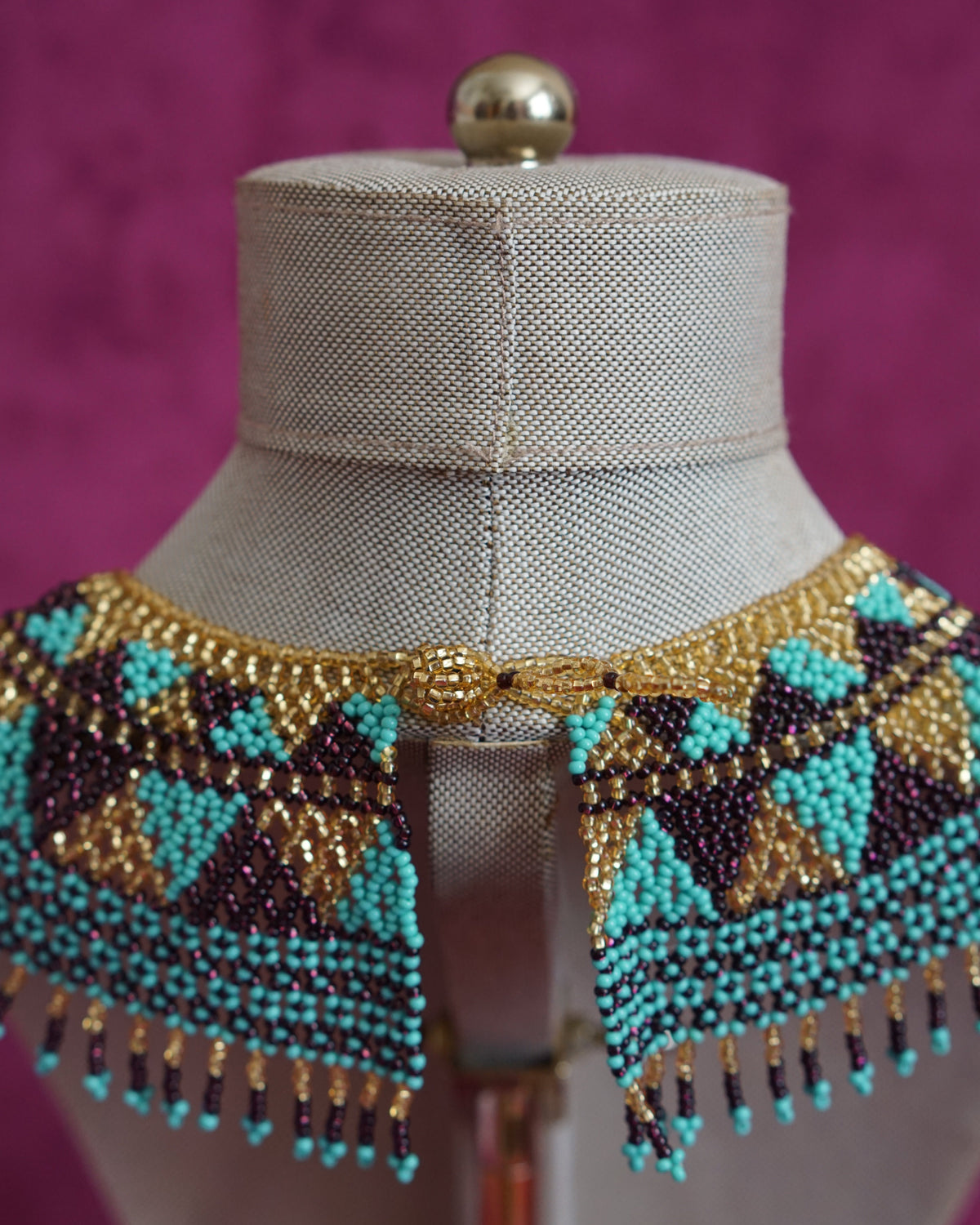Mexican beaded collar necklace in turquoise, gold and plum by Lillian & Joan