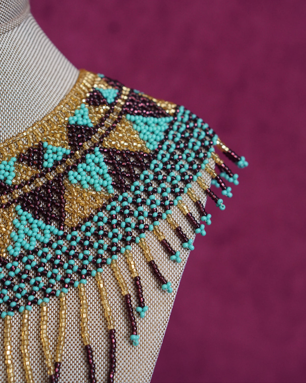 Mexican beaded collar necklace in turquoise, gold and plum by Lillian & Joan