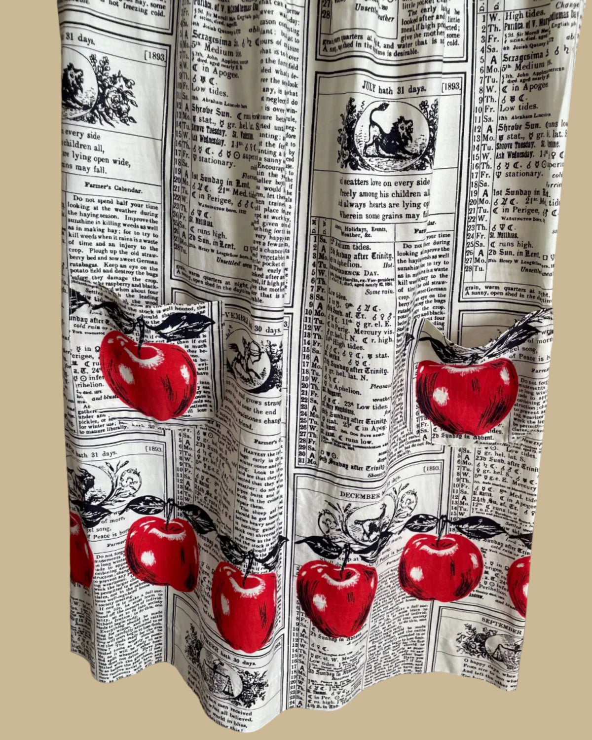 A vintage handmade shift dress with an apple and farmer's-almanac newspaper print, shown against a kraft background