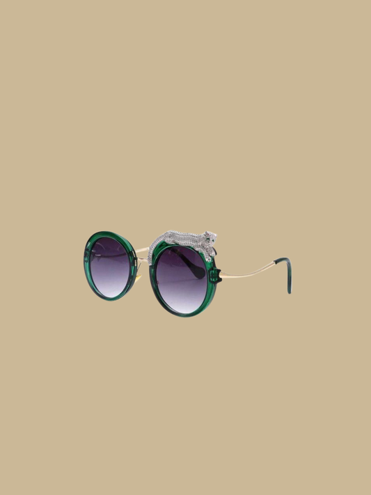 Close-up of the jeweled leopard detail on the Fierce Feline Malachite Green sunglasses