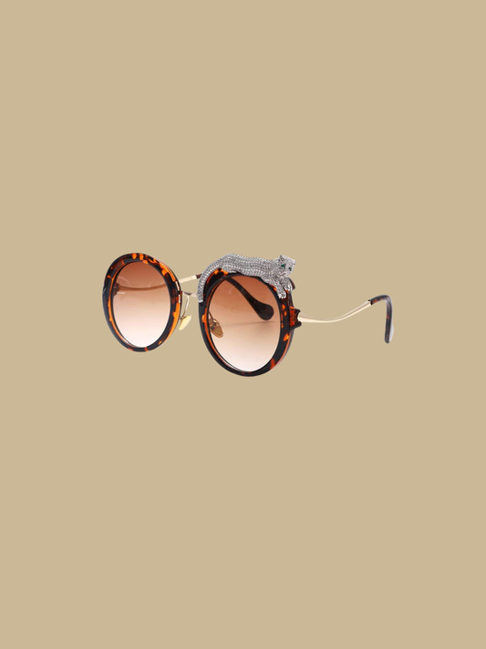 Close-up of the jeweled leopard detail on the Fierce Feline Tortoise Brown sunglasses