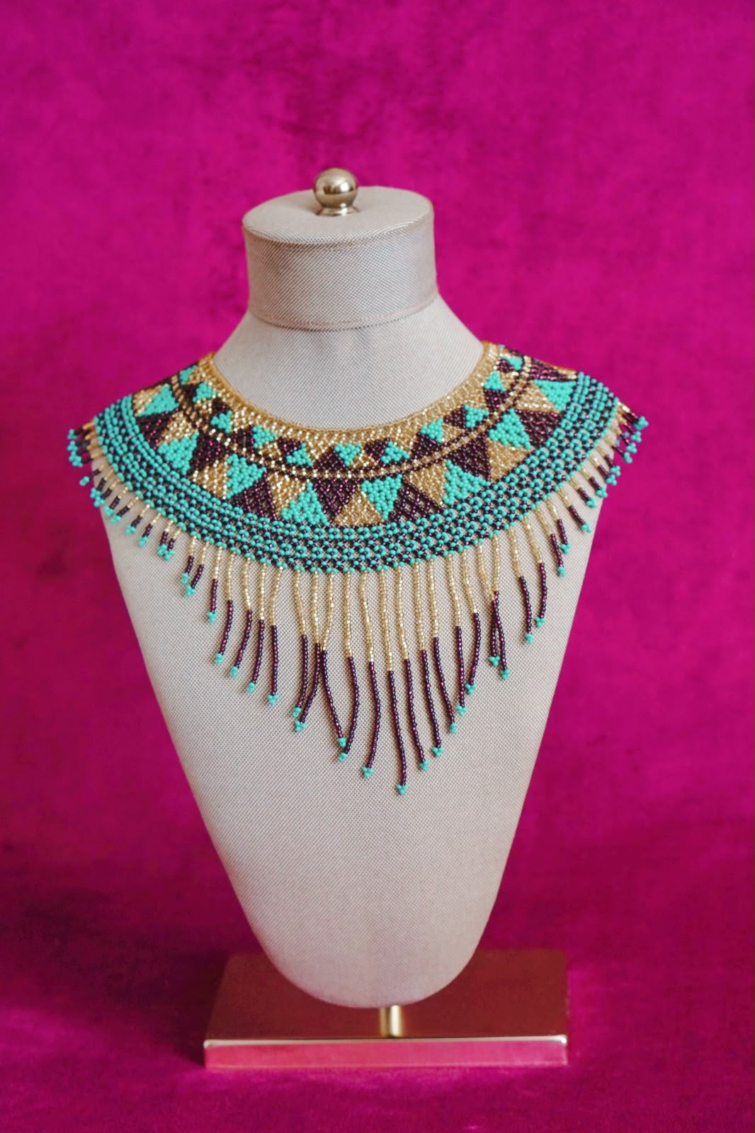 Mexican beaded collar necklace in turquoise, gold and plum by Lillian & Joan
