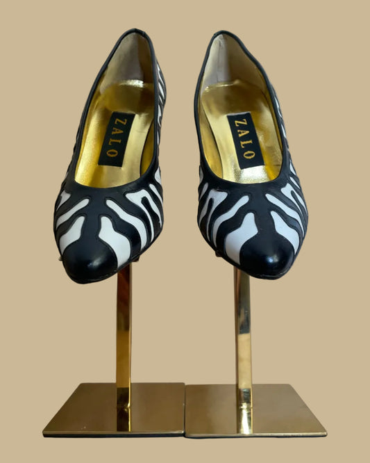 Close-up of the zebra print leather on the vintage Zalo heels