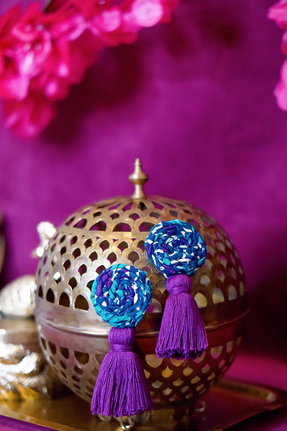 Lisa braided tassel earrings in blue and purple by Lillian & Joan