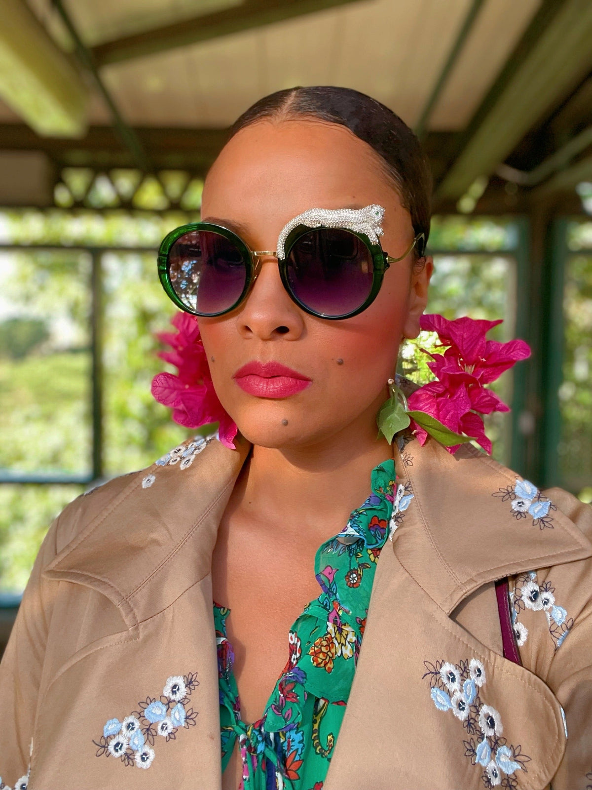 Fierce Feline Malachite Green sunglasses shown with the custom L&J metallic pouch