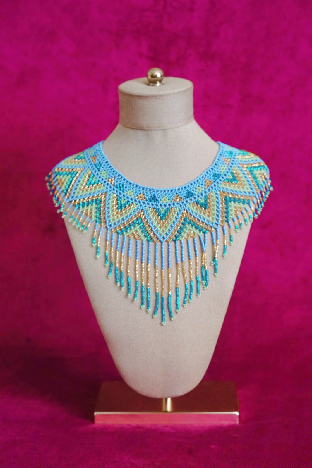 Mexican beaded collar necklace in periwinkle, teal and gold by Lillian & Joan