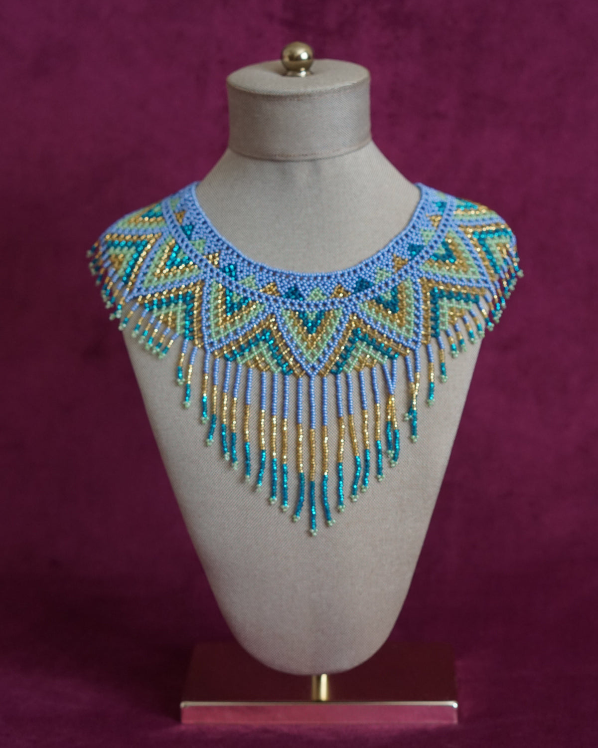 Mexican beaded collar necklace in periwinkle, teal and gold by Lillian & Joan