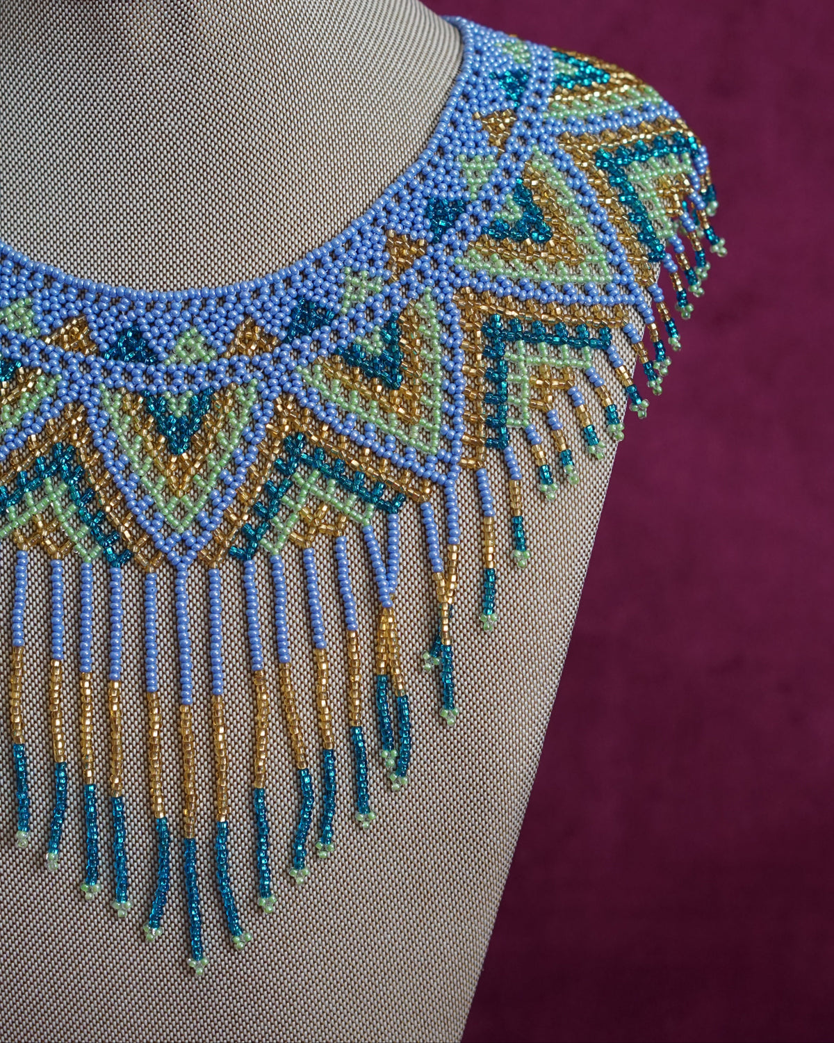 Mexican beaded collar necklace in periwinkle, teal and gold by Lillian & Joan