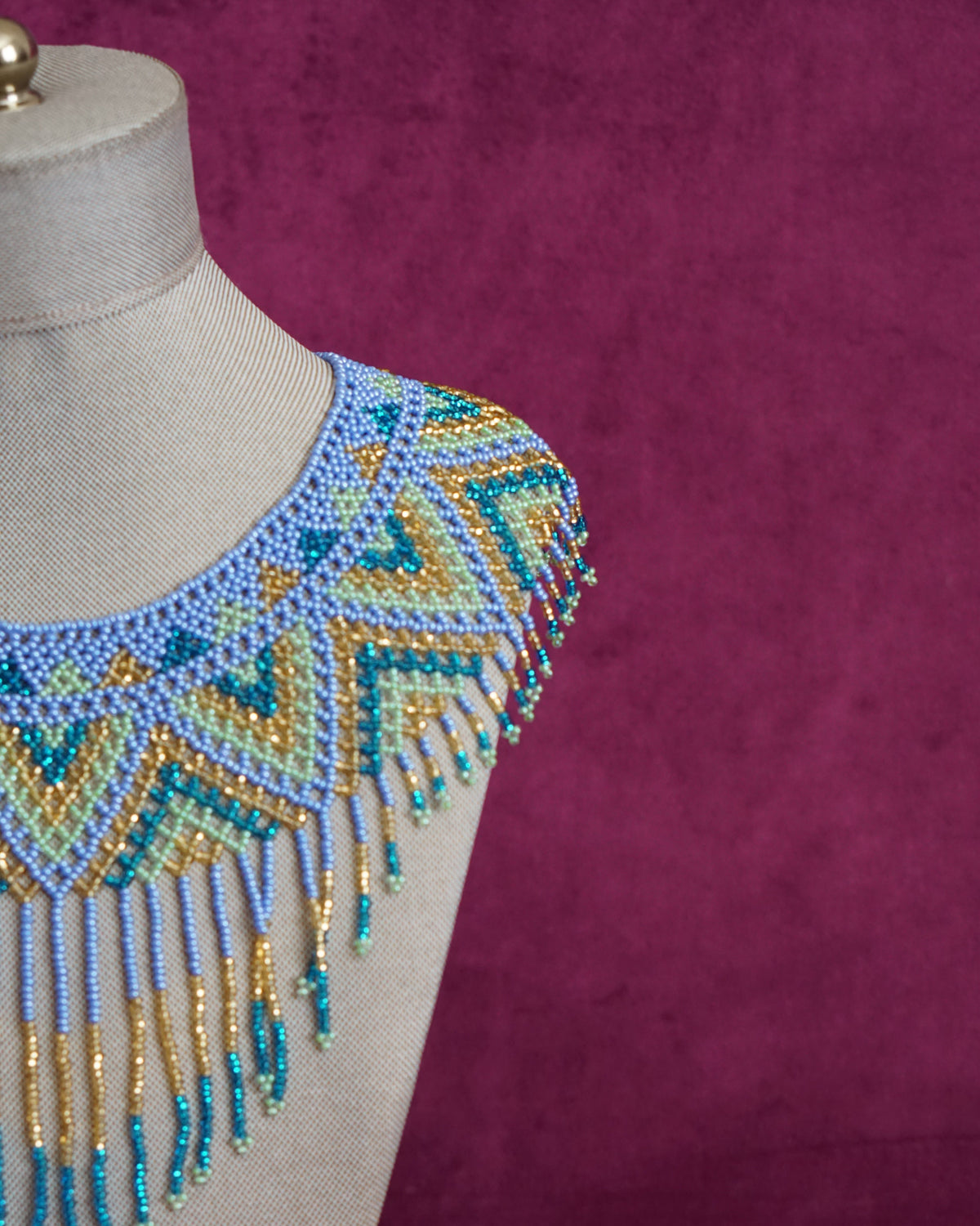 Mexican beaded collar necklace in periwinkle, teal and gold by Lillian & Joan