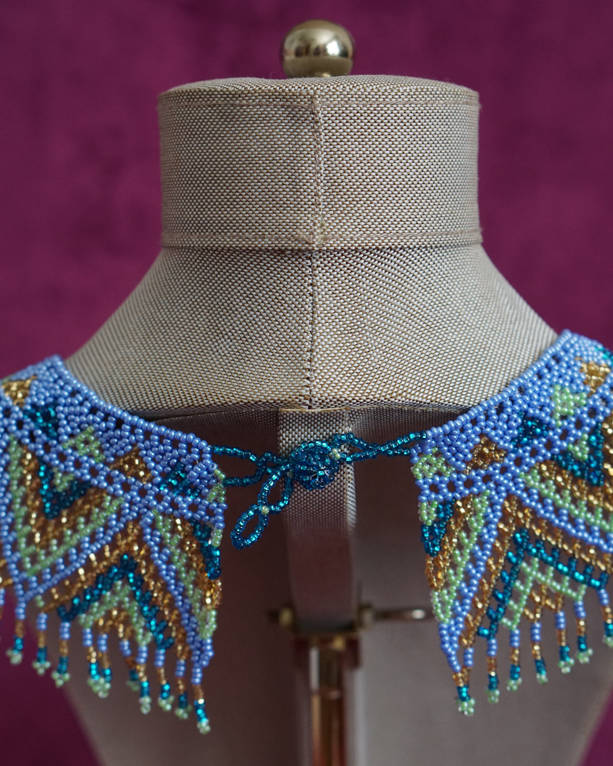 Mexican beaded collar necklace in periwinkle, teal and gold by Lillian & Joan