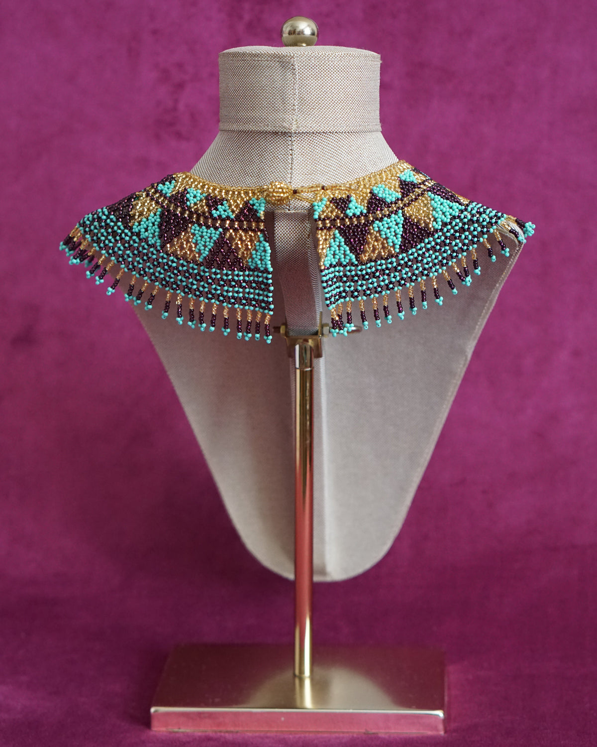 Mexican beaded collar necklace in turquoise, gold and plum by Lillian & Joan