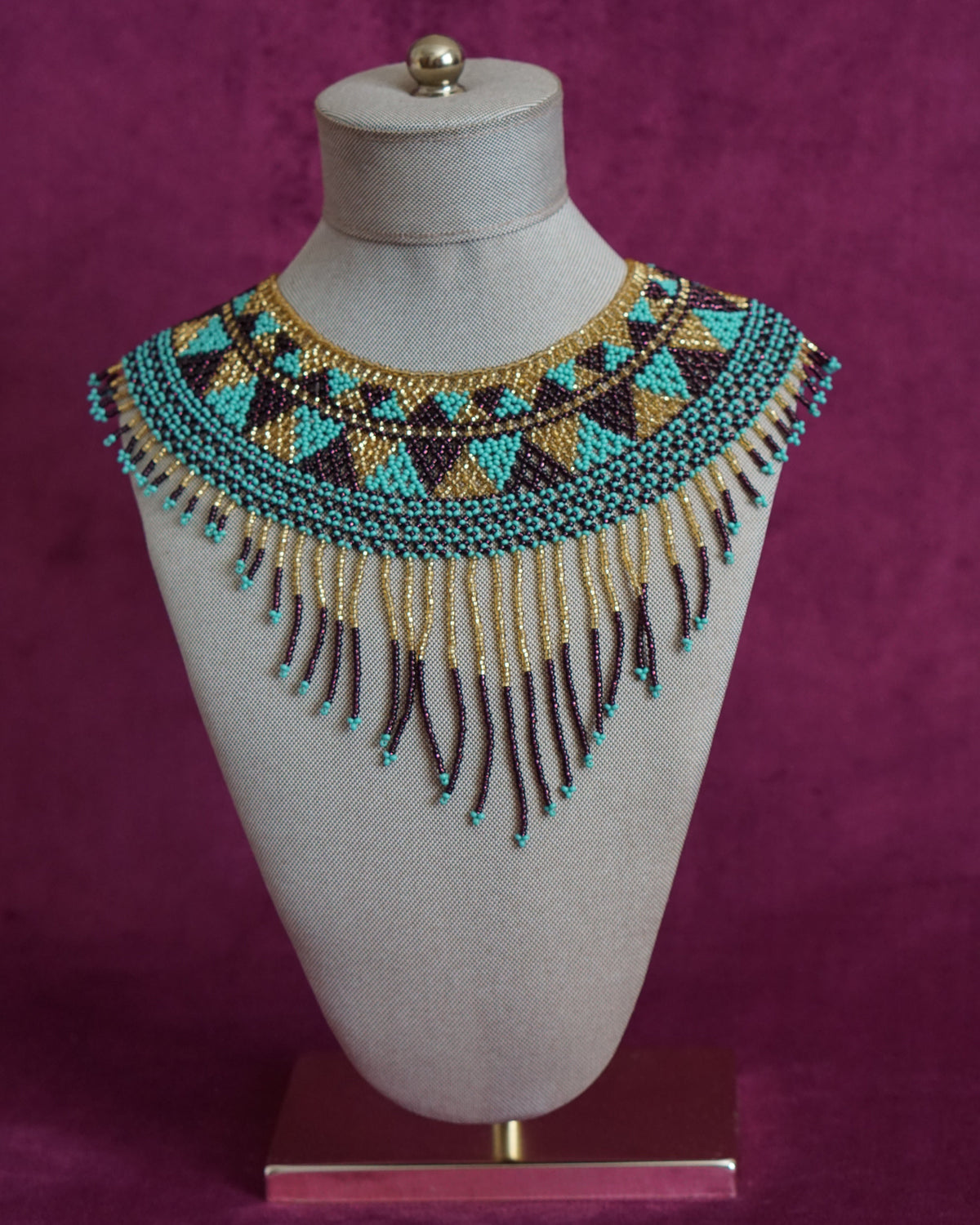 Mexican beaded collar necklace in turquoise, gold and plum by Lillian & Joan