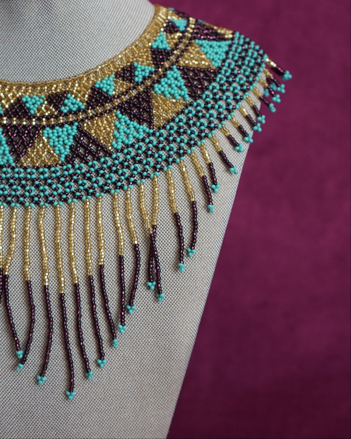 Mexican beaded collar necklace in turquoise, gold and plum by Lillian & Joan