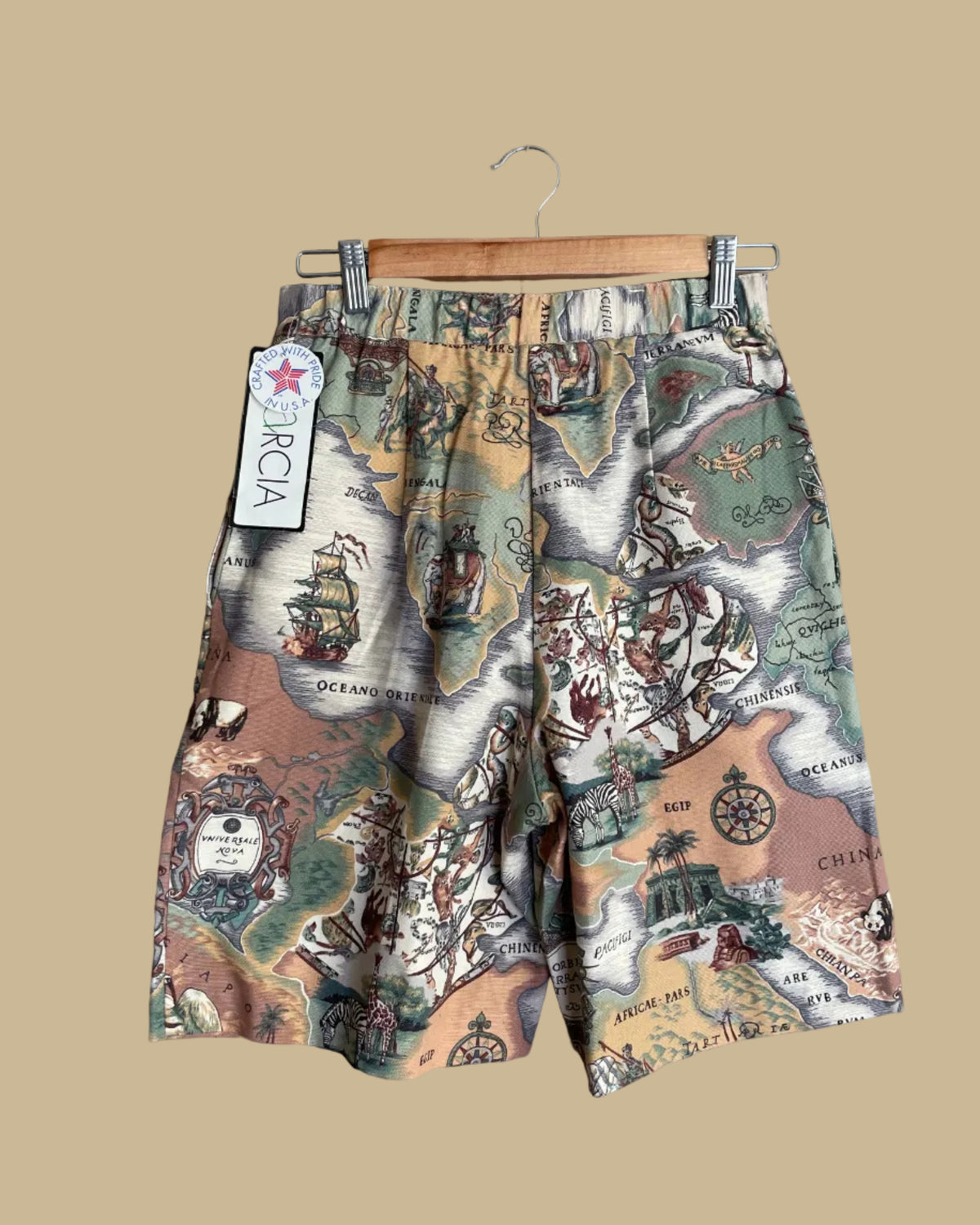 Close-up of the map print fabric detail on the high-waisted shorts