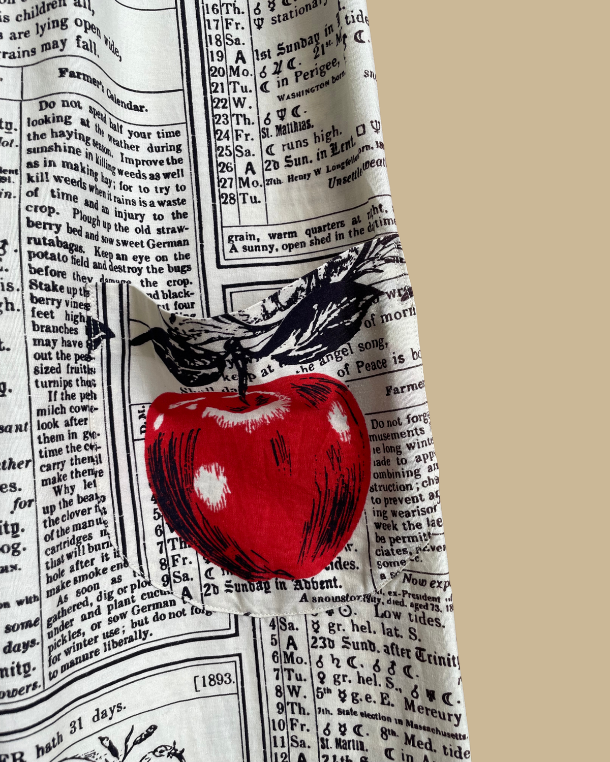 A vintage handmade shift dress with an apple and farmer's-almanac newspaper print, shown against a kraft background