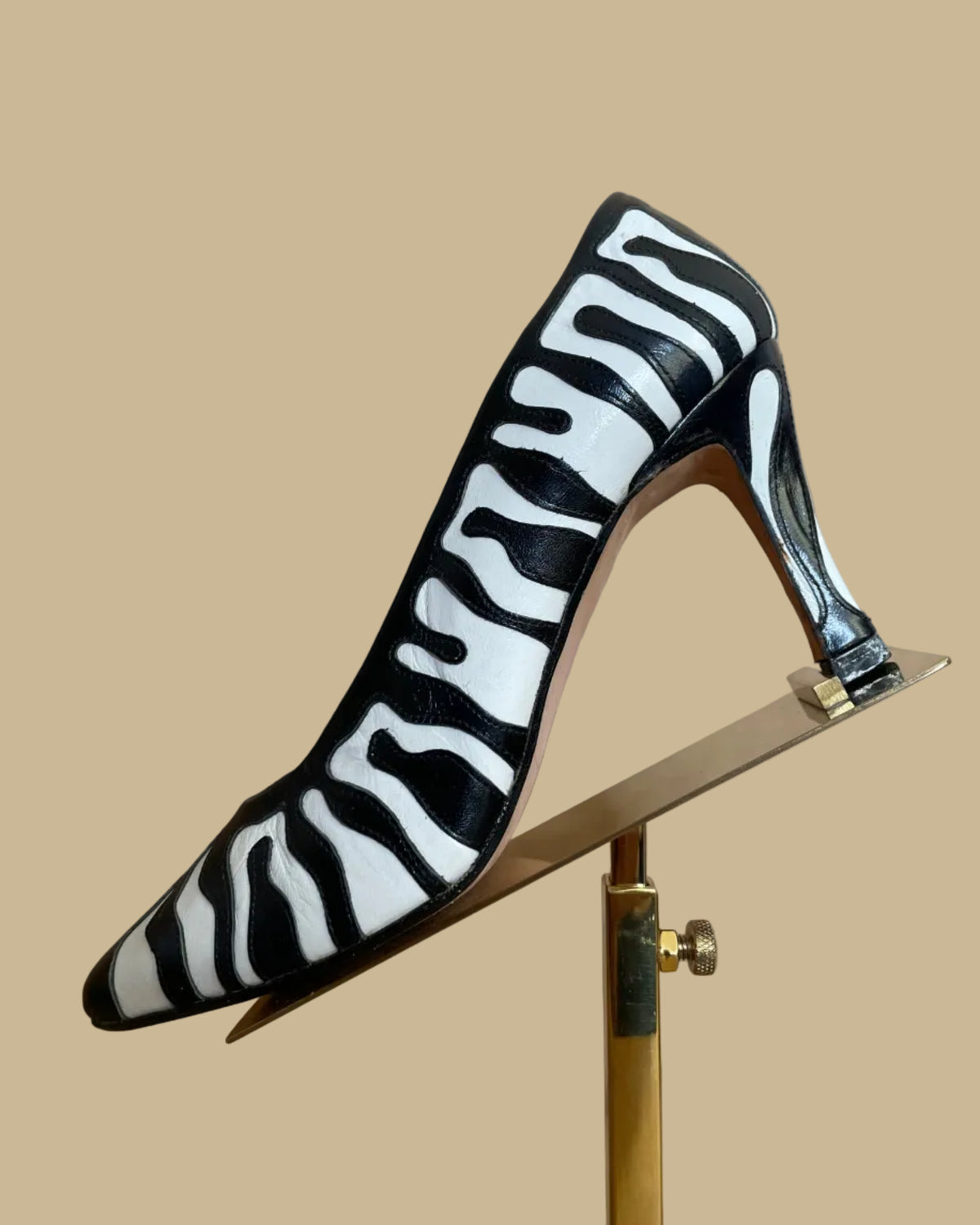 Sole view of the vintage Zalo zebra print heels showing size and made in Spain marking