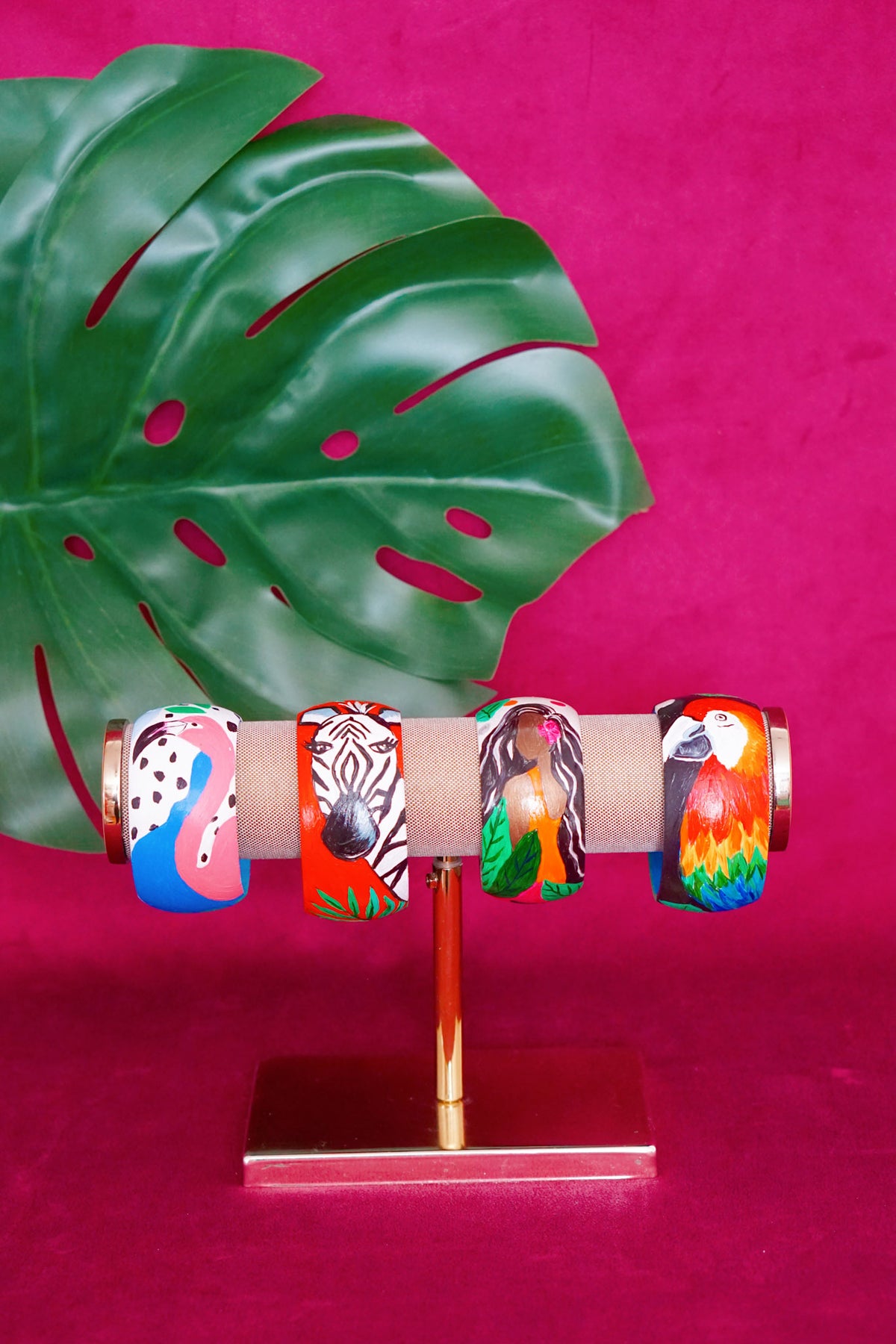 Tropical art bangle with scarlet macaw design by Lillian & Joan