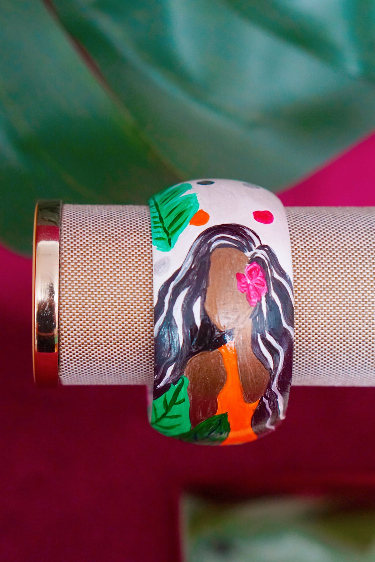 Tropical art bangle with tropical woman design by Lillian & Joan