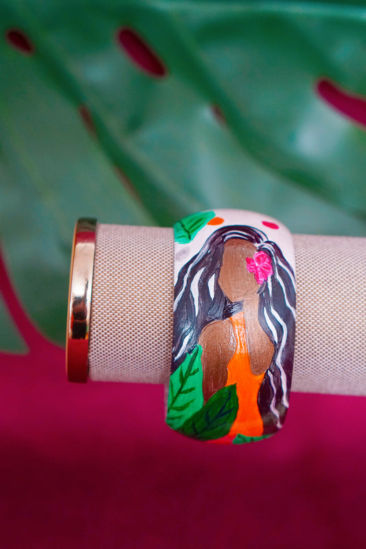 Tropical art bangle with tropical woman design by Lillian & Joan